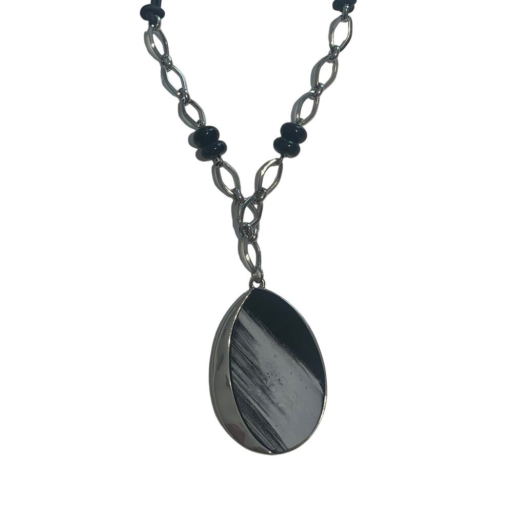Chicos Necklace Womens Black & Gray Oval Pendant Silver
